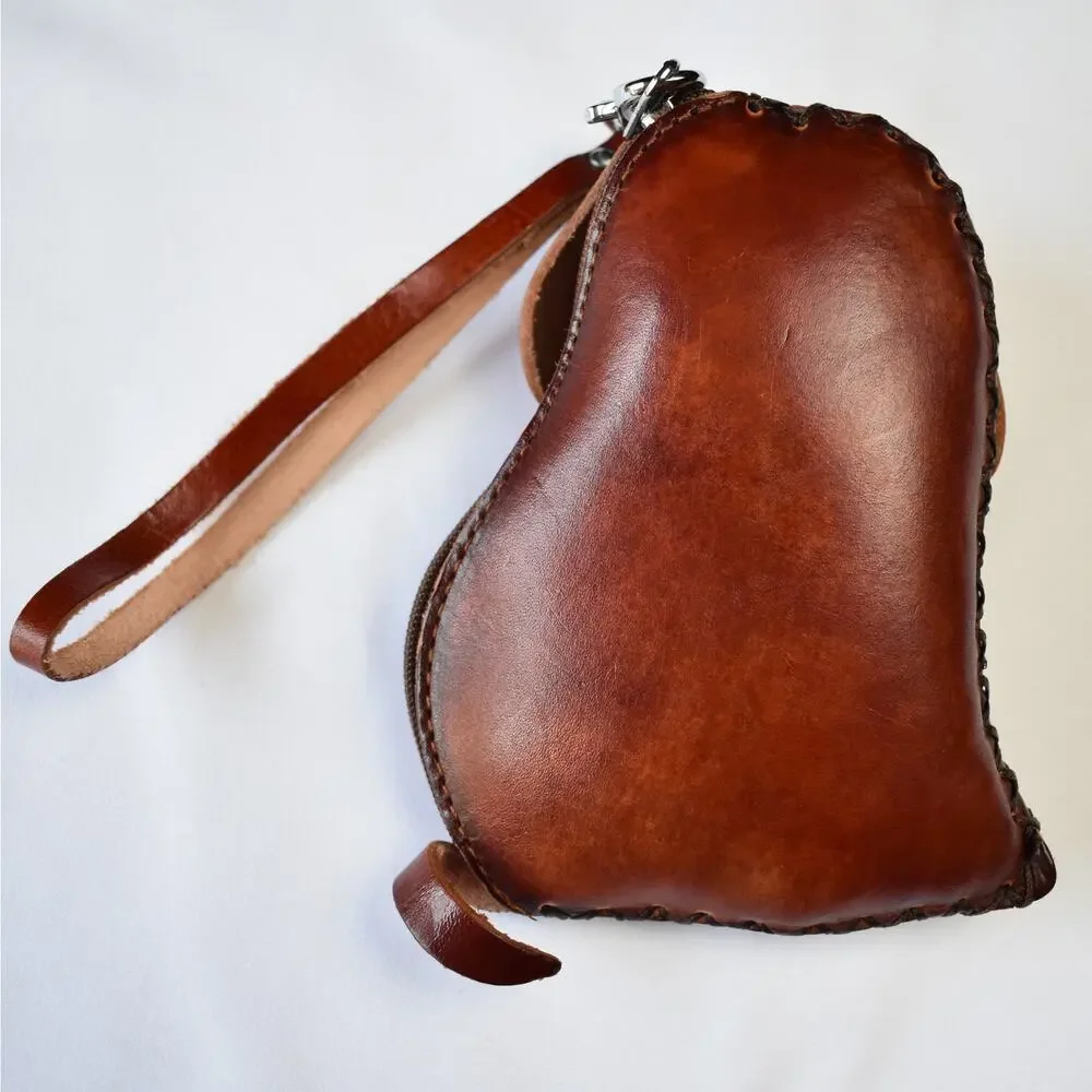 Handmade Leather Dog Coin Purse Puppy Wallet Brown Animal Keychain Bag Charm EUC - Picture 4 of 5